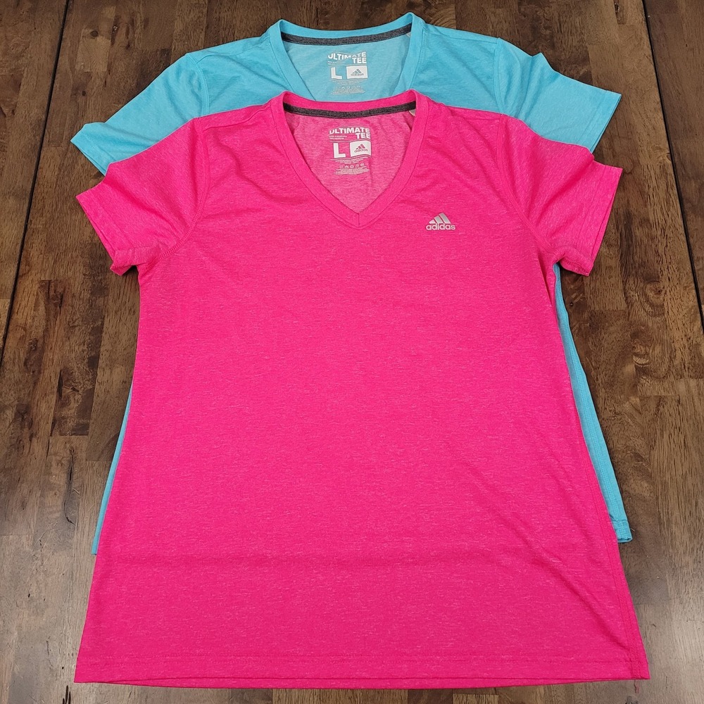 Adidas Women's Pink & Light Blue Ultimate V Neck Athletic T-Shirts Size Lg